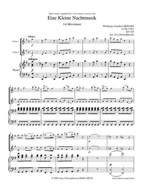 Eine Kleine Nachtmusik - Allegro 1st movement - 2 Violins and Piano (Arr. Anne L Christopherson GRSM ARCM) - Mozart, Wolfgang Amadeus (Instrumental Duet and Piano)