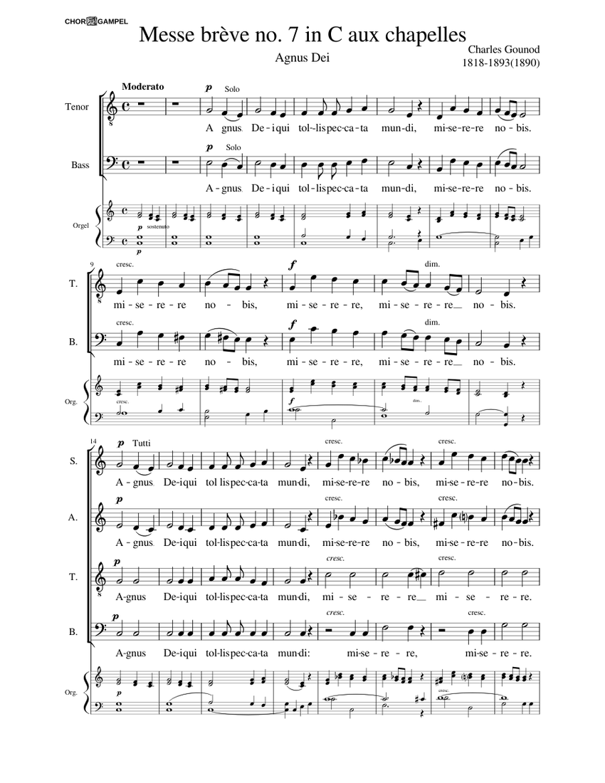 Agnus Dei - Charles Gounod Sheet Music For Soprano, Alto, Tenor, Bass ...