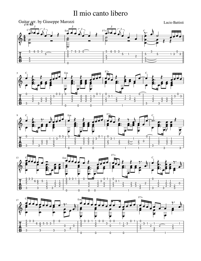 Il mio canto libero Lucio Battisti Sheet music for Guitar (Solo