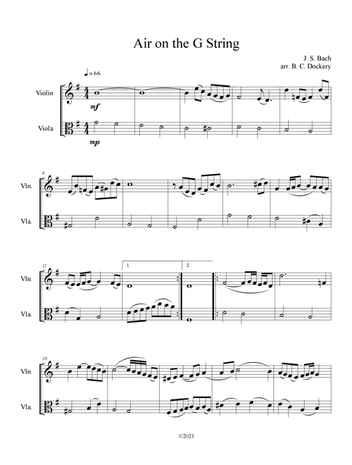 Air on the G String (Violin and Viola Duet) (Arr. B. C. Dockery) - J S Bach (Instrumental Duet)