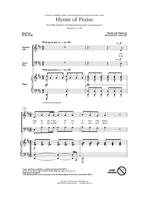 Hymn Of Praise - Sean Paul (Choral, SATB)