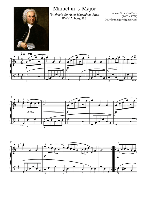 Minuet in G Major Notebooks for Anna Magdalena Bach BWV Anhang 116 – Christian Petzold Anh 116