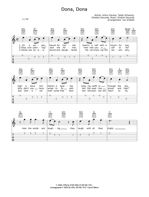 Dona Dona (Arr. Yan d'Albert) - Teddi Schwartz, Sheldon Secunda, Arthur Kevess (Guitar Chords-Lyrics)