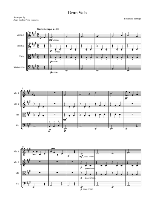 Gran Vals (arr. for string quartet) (Arr. Juan Carlos Felix Cordova) - Francisco Tárrega (String Quartet)