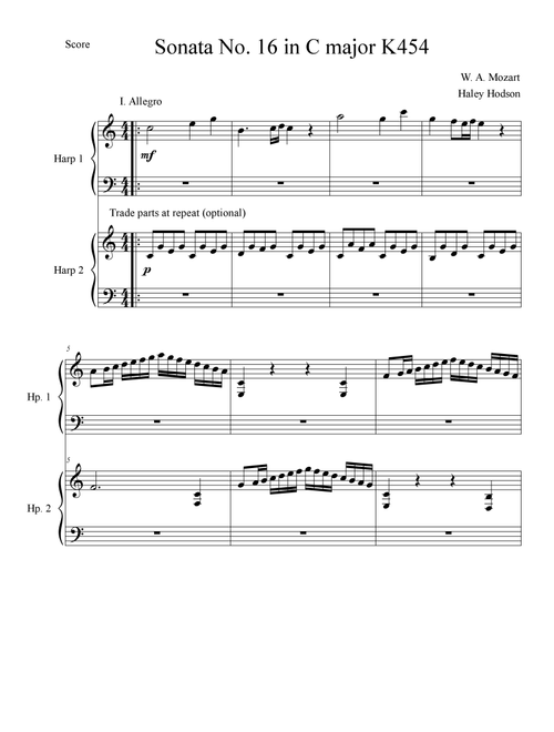 Allegro from Sonata 16 by Mozart for 2 Harps (Arr. Haley Hodson) - Wolfgang Amadeus Mozart (Instrumental Duet)