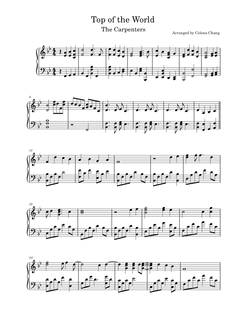 Top of the World - Carpenters Sheet Music for Piano (Solo