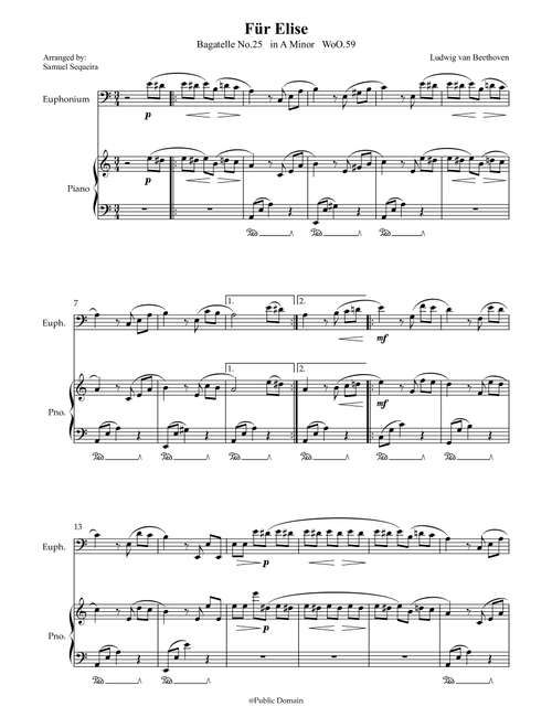 Für Elise (For Elise) - for Euphonium BC and Piano accompaniment - with Piano Play along (Arr. Samuel Sequeira) - Ludwig van Beethoven (Euphonium and Piano)