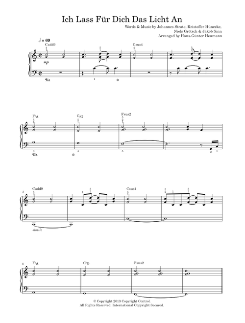 Ich lass fuer dich das licht an - Revolverheld (Easy Piano)