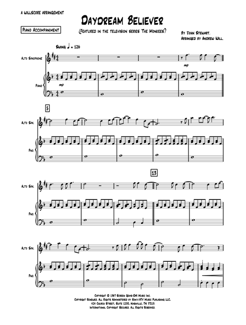 Daydream Believer (Arr. Andrew Will) - The Monkees (Alto Sax and Piano)