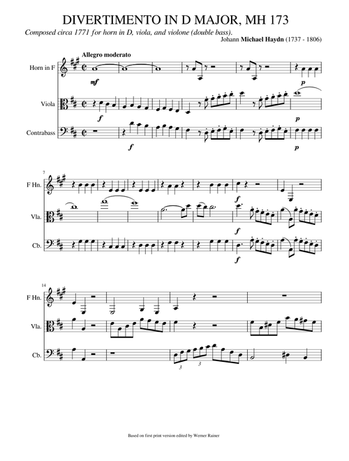 M Haydn, Divertimento In D major, MH 173, for horn, viola and violone, notated for horn in F