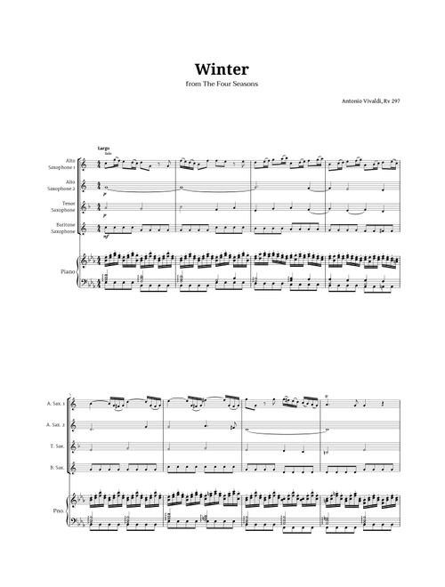 Largo from Winter by Vivaldi for Sax AATB Quartet and Piano (Arr. Langanho) - Antonio Vivaldi (Woodwind Ensemble)