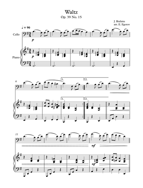 Waltz (Op. 39 No. 15), Johannes Brahms, For Cello & Piano (Arr. Eugene Egorov) (Cello and Piano)
