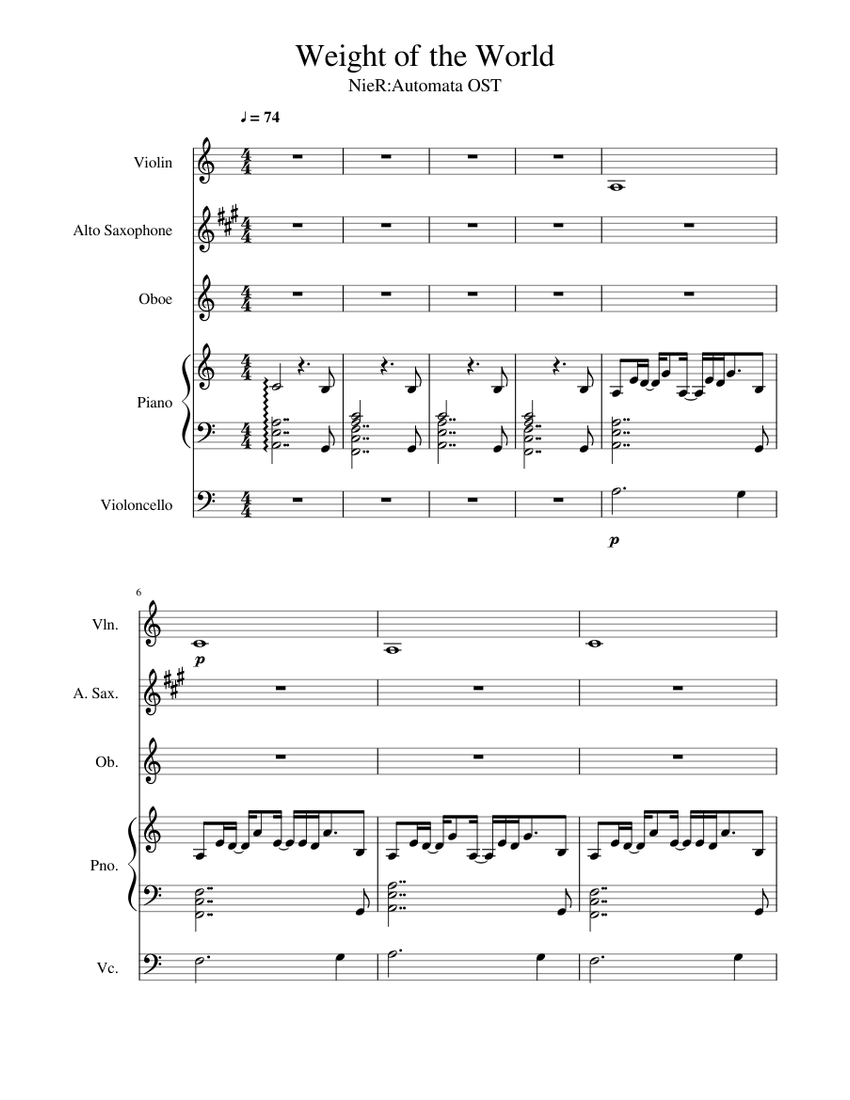 Weight of the World Full Sheet Music for Piano, Oboe, Saxophone