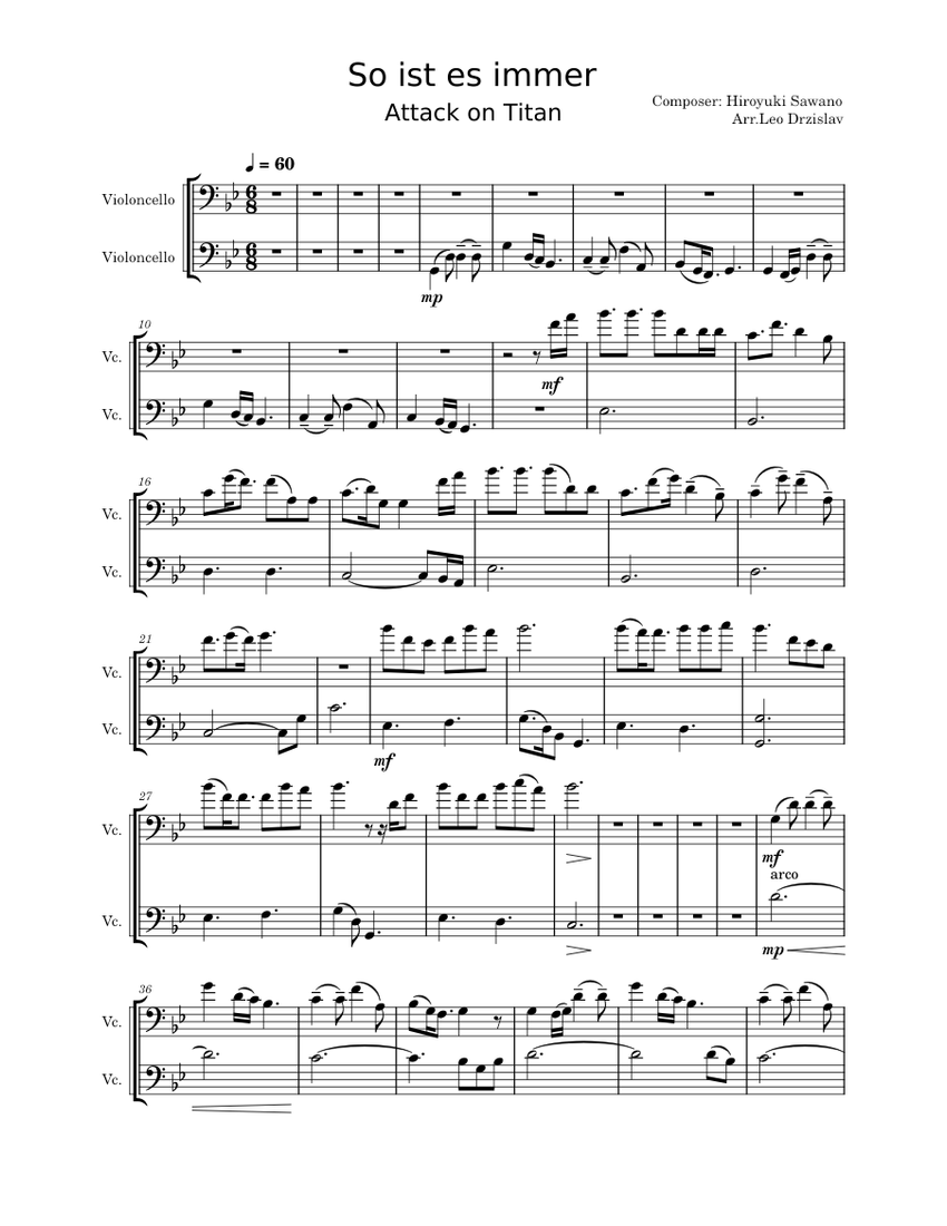 So ist es immer- Attack on Titan Sheet music for Cello (Mixed Duet ...