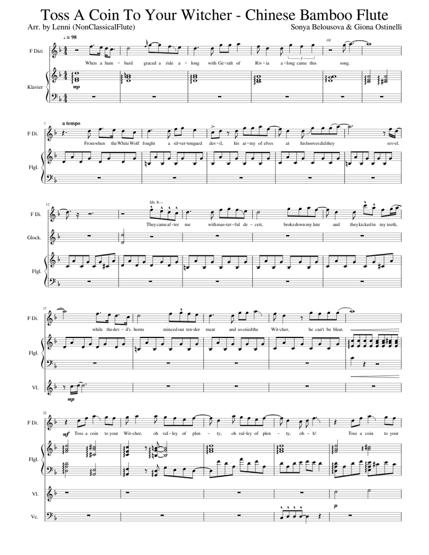 Toss A Coin To Your Witcher Chinese Bamboo Flute Sheet music for Piano Soprano Vocals Glockenspiel more instruments Mixed Ensemble Musescore