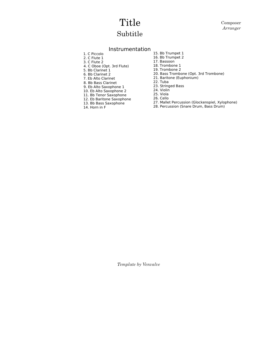 Band Arrangement Template Sheet music for Trombone, Euphonium, Tuba ...