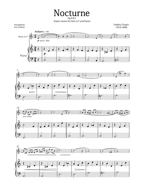 "Nocturne" (Chopin) - Beautiful EASY version for HORN in F and PIANO. (Arr. Iury Cardoso) - Frédéric Chopin (French Horn and Piano)