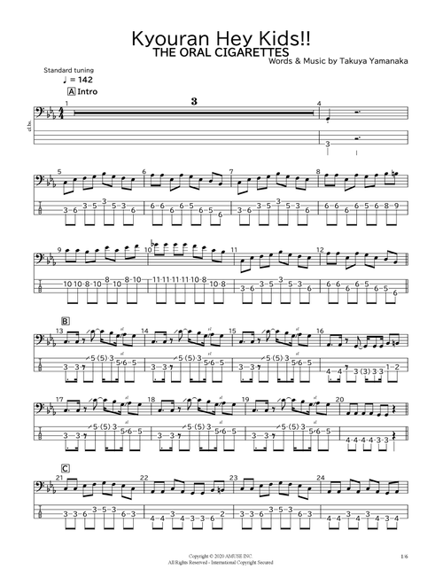 Kyouran Hey Kids!! (Arr. bassscore.masspro) - THE ORAL CIGARETTES (Bass Tab)