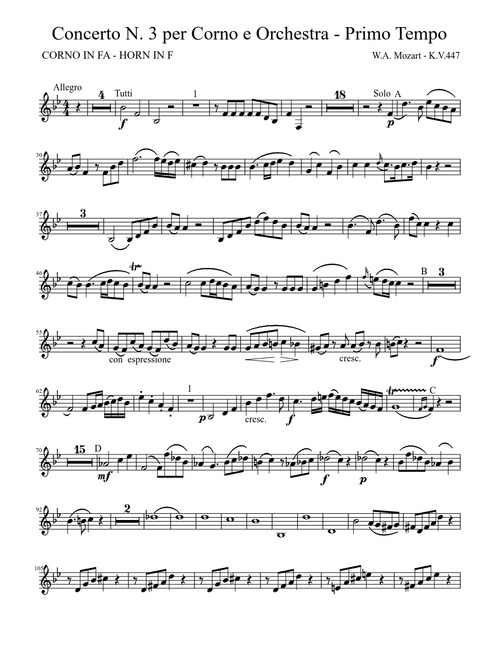 Mozart Horn Concert K.V.447 - Primo Tempo - First Tempo - Part in F, Parte in FA