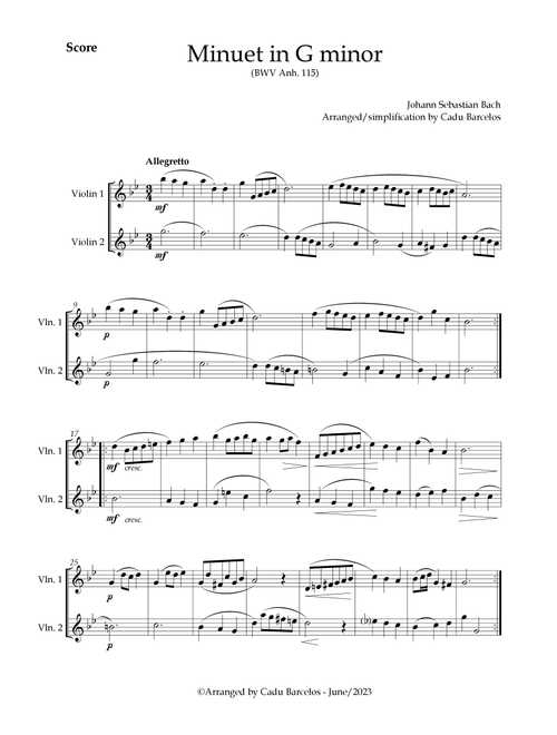Minuet in G minor BWV anh 115 (Bach) 2 Violins (Arr. Cadu Barcelos) - Johann Sebastian Bach (Violin Duet)