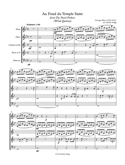 Au Fond du Temple Saint from the The Pearl Fishers (Wind Quintet) (Arr. Jordan Grigg) - Georges Bizet (Small Ensemble)
