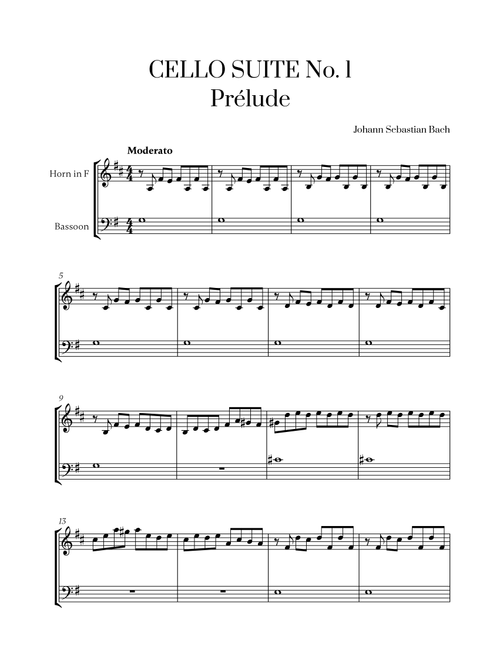 Johann Sebastian Bach - Cello Suite No. 1 in G Major, Prelude for French Horn and Bassoon (Arr. Cadenza Editions) (Instrumental Duet)