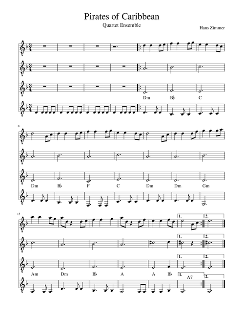 Pirates of Caribbean |Easy Quartet Arrangement | Guitars, Strings, WoodWind Ensemble etc.