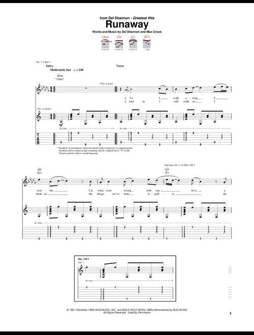 Runaway - Del Shannon (Guitar Tab)