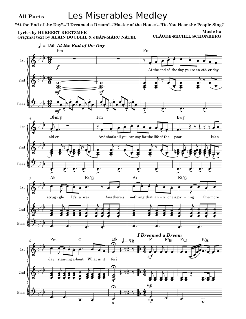 楽譜 Claude Michel Schonberg: Les Miserables Medley  SATB . Partitions pour SATB  Accompagnement Piano Les Misérables Medley Sheet Music and Tab with Chords for