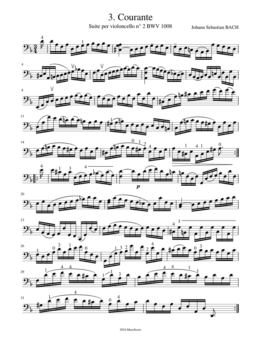 J. S. Bach - Cello Suite n° 2 BWV 1008 - 3. Courante Sheet music for ...