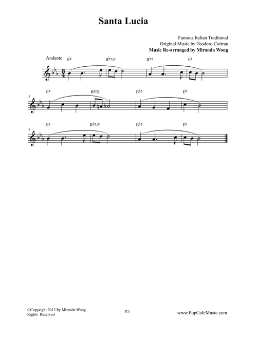 Santa Lucia in Eb - Violin or Flute Solo (Arr. Miranda Wong) - Teodoro Cottrau (Small Ensemble)