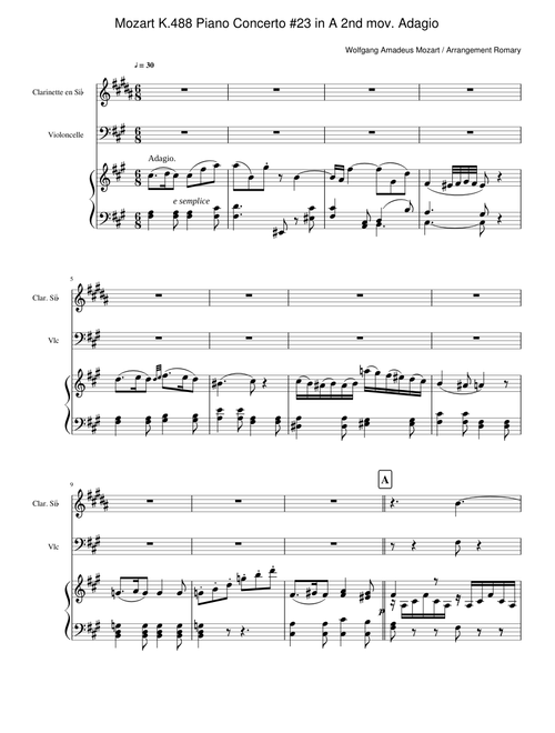 Mozart, Adagio of Piano Concerto No. 23 (piano, clarinet, cello)