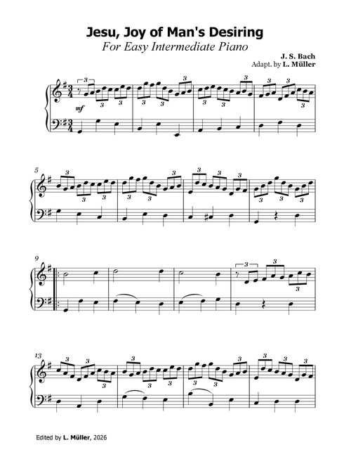 Jesu, Joy of Man's Desiring - J. S. Bach - Easy Intermediate Piano (Arr. L. Müller) - J S Bach (Easy Piano)