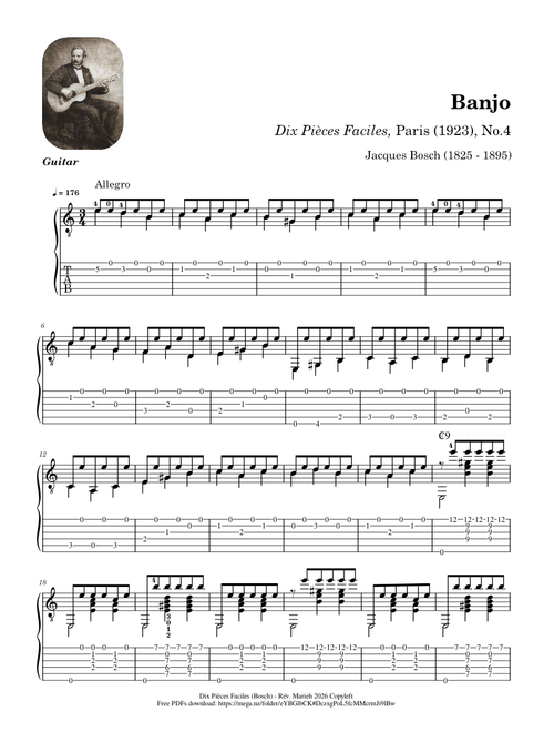 Banjo – Dix Pièces Faciles, No.4 – Jacques Bosch (1825 - 1895) - Tab