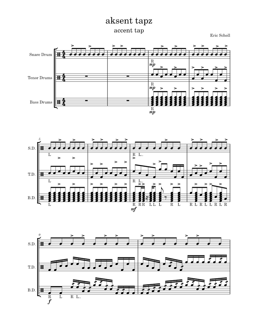 Accents on tap Sheet music for Snare drum, Tenor drum, Bass drum (Drum