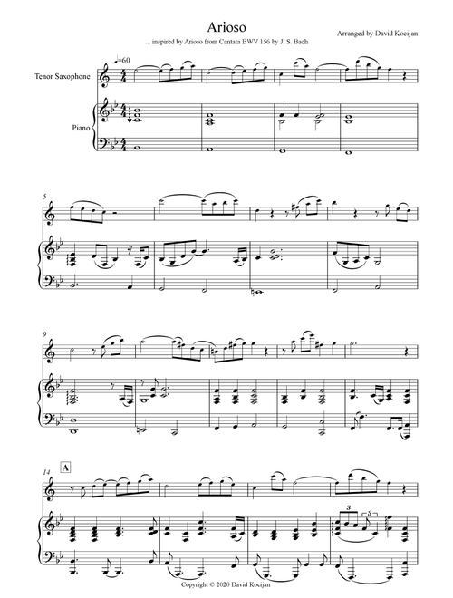 Arioso (tenor sax & piano) - EASY (Arr. David Kocijan) (Tenor Sax and Piano)