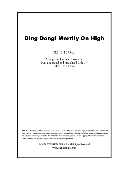 Ding Dong! Merrily On High - Lead sheet arranged in traditional and jazz style (key of G) (Arr. Stephen Bulat) - French Carol (Large Ensemble)