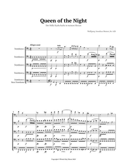 Queen of the Night Aria by Mozart for Trombone Quintet (Arr. Ander) (Brass Ensemble)