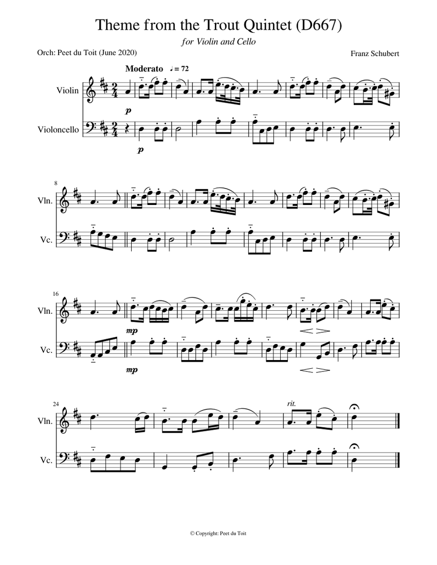 Theme from the Trout Quintet (D667) Franz Schubert (Violin & Cello