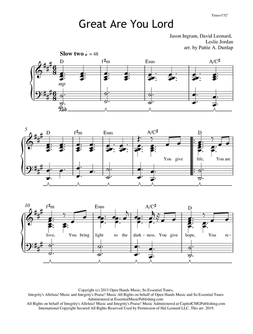 Great Are You Lord (Arr. Pattie A. Dunlap) - David Leonard, Jason Ingram, Leslie Jordan (Piano Vocal)