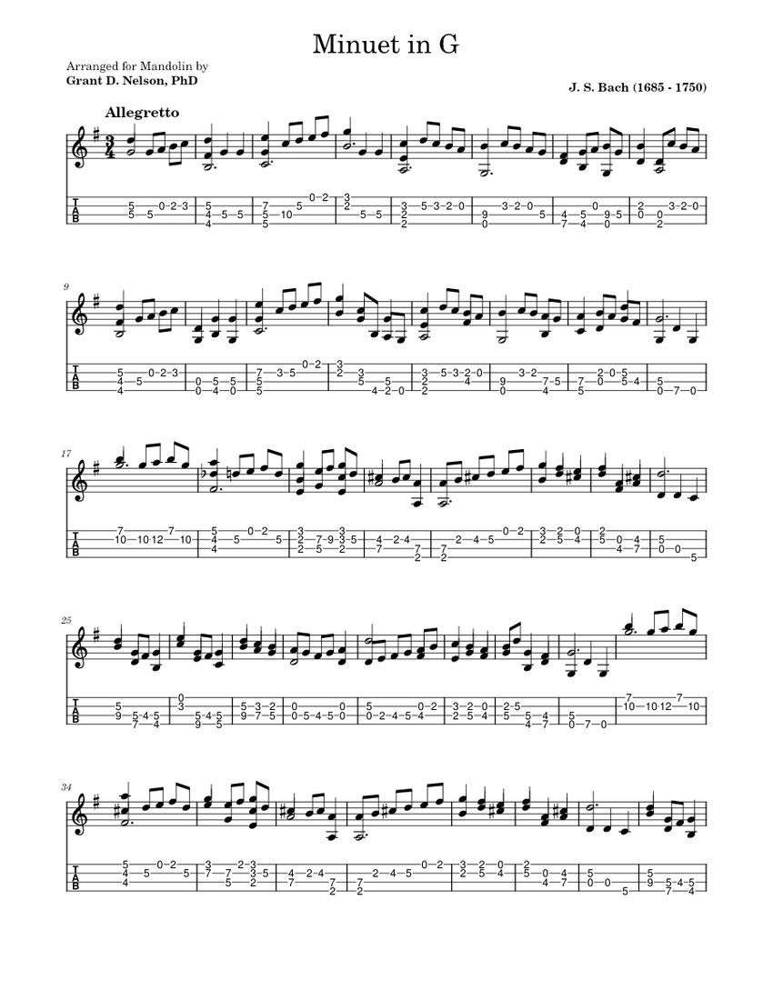 Minuet in G Mandolin Sheet Music and Tab for Mandolin (Solo ...