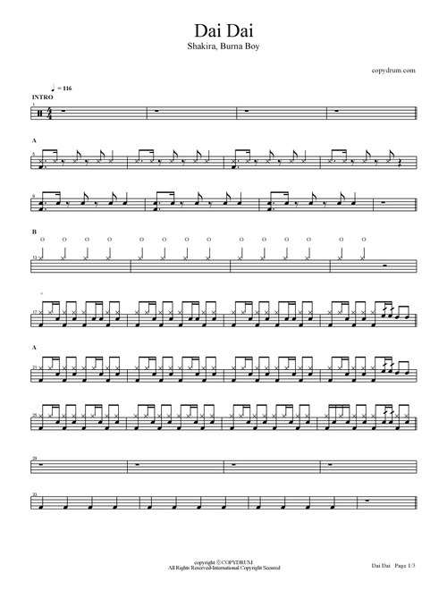 Dai Dai (Arr. copydrum.com) - Shakira & Burna Boy (Drums)