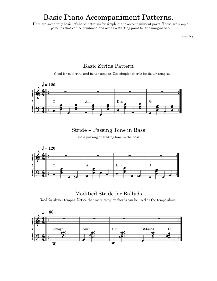 Basic Stride Piano Accompaniment Patterns Sheet Music with Chords for ...