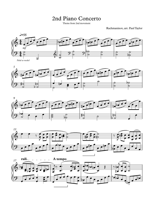 Rachmaninov Concerto #2 Movement II transposed to Cmajor (Arr. Paul Taylor) - Rachmaninoff (Piano Solo)