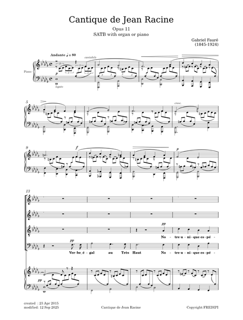 Cantique de Jean racine, Op.11 - Gabriel Fauré