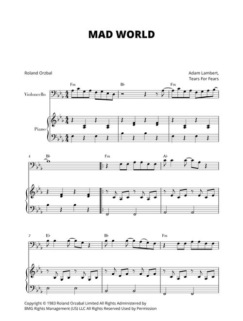 Mad World (Arr. Cadenza Editions) - Adam Lambert (Cello and Piano)