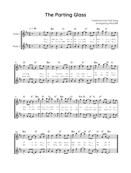 The Parting Glass - Flute Duet in D - Easy With Chords & Lyric (Arr. MissoRB) - Traditional Irish Folk Song (Flute Duet)