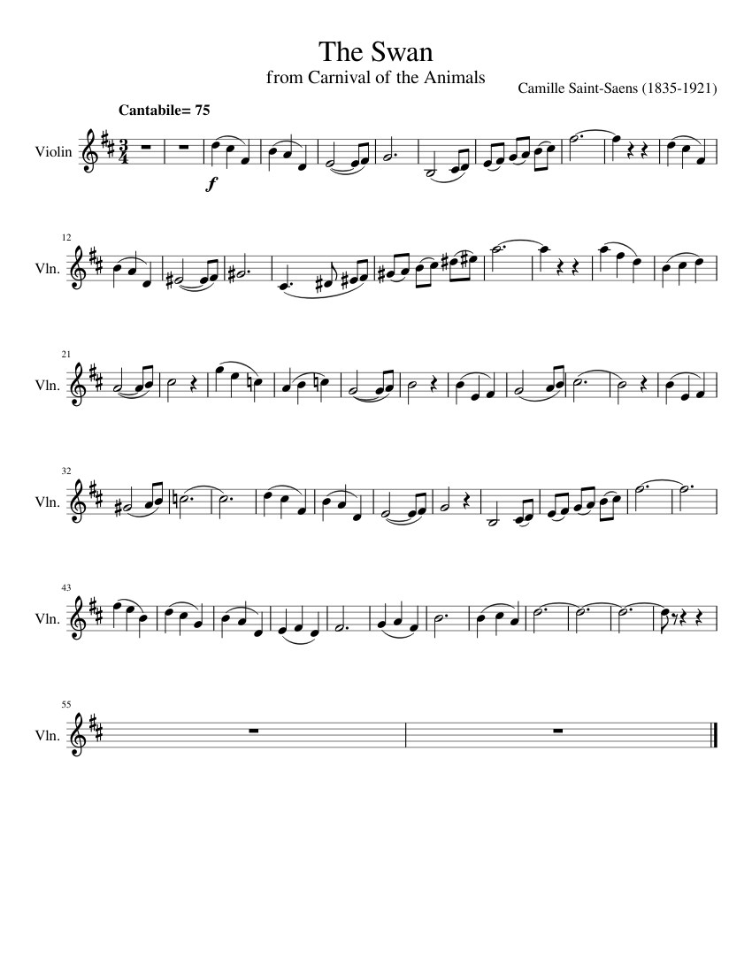 The Swan from Carnival of the Animals (Violin Only) Sheet music for Piano,  Violin (Solo) 