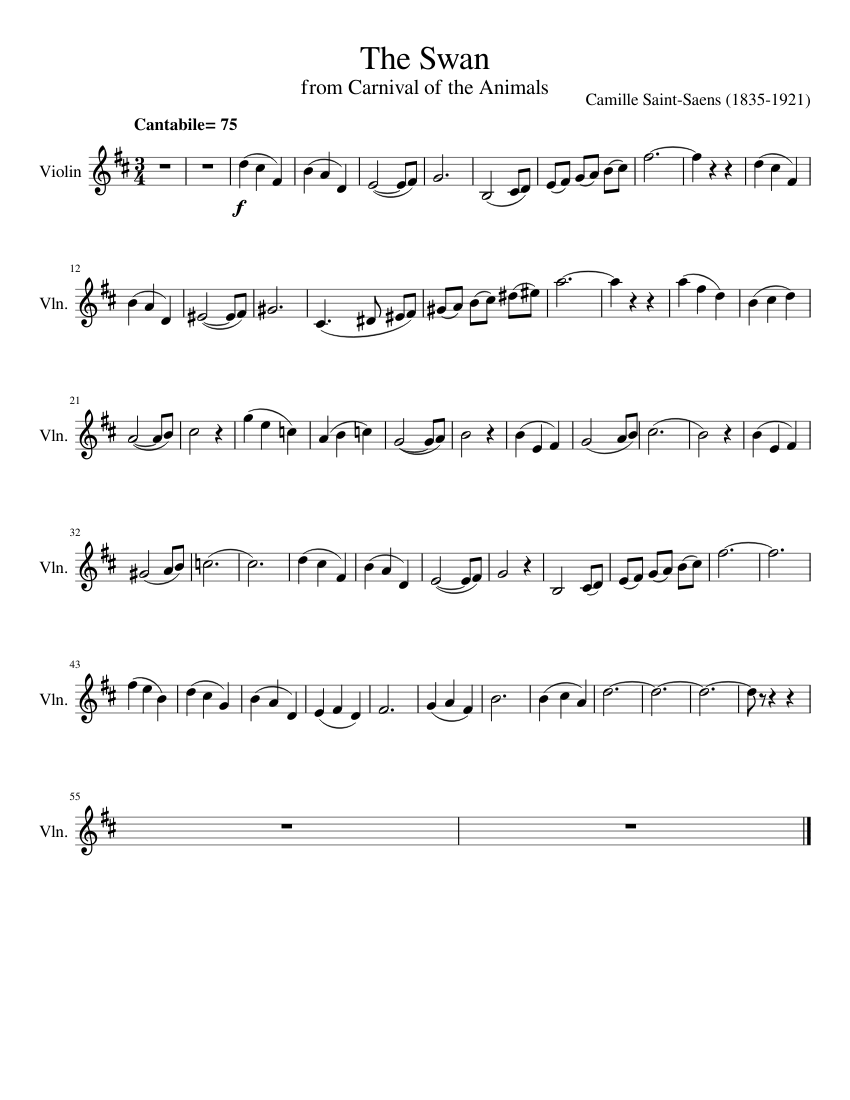 The Swan from Carnival of the Animals (Violin Only) Sheet music for Piano, Violin (Solo) The Swan from Carnival of the Animals (Violin Only) Sheet music for Piano, Violin (Solo)