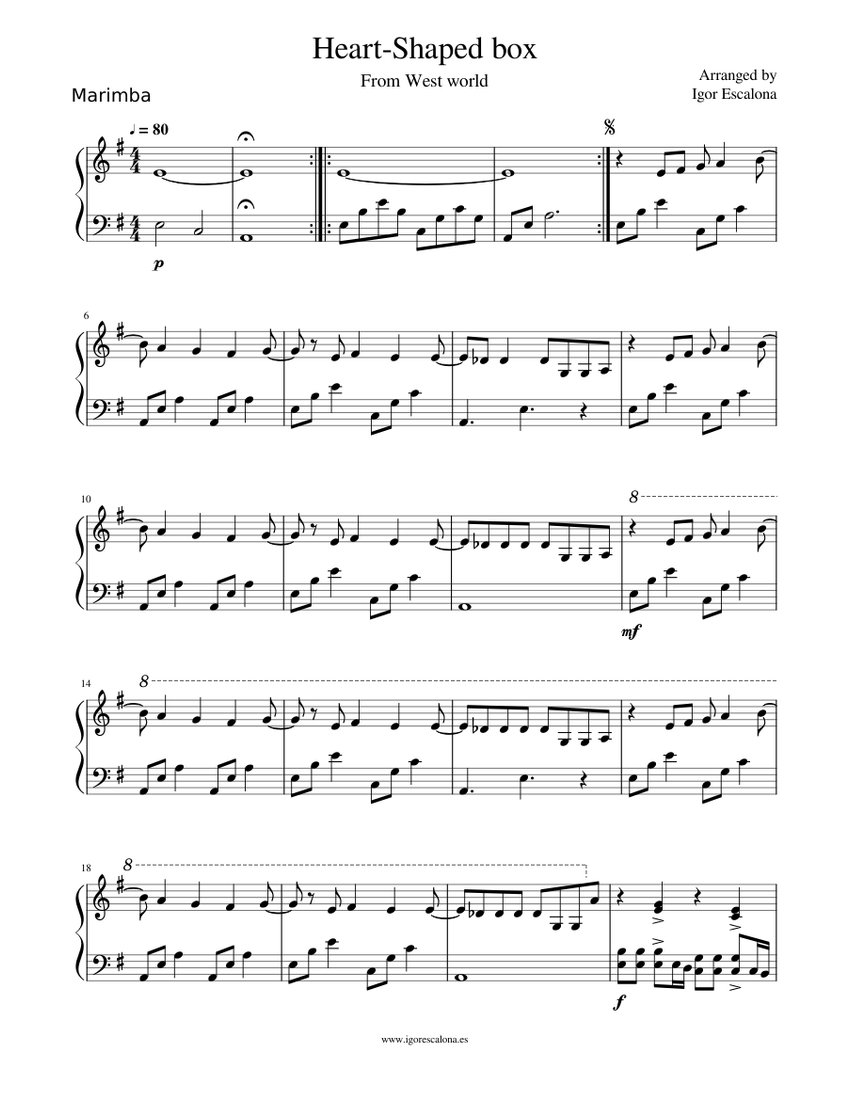 Heart-shaped box | From West world | Marimba solo Sheet Music for